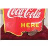 Image 10 : Coca Cola Drink Here 2 Sided Porcelain Flange 1940s 17'' x 20'' 