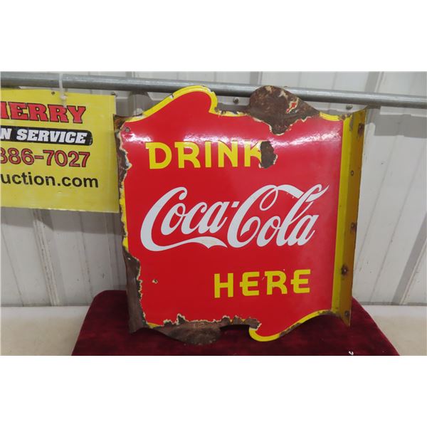 Coca Cola Drink Here 2 Sided Porcelain Flange 1940s 17'' x 20'' 