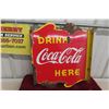 Image 1 : Coca Cola Drink Here 2 Sided Porcelain Flange 1940s 17'' x 20'' 