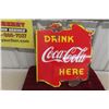 Image 7 : Coca Cola Drink Here 2 Sided Porcelain Flange 1940s 17'' x 20'' 