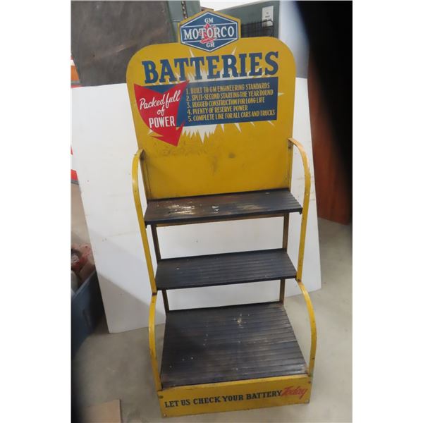 GM Motorco 3 Tier Battery Display Rack, Top Sign Reads GM Batteries 