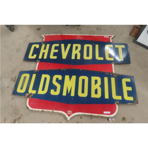 Chevrolet Oldsmobile Dealership 2pce Porcelain Sign Diecut Shield