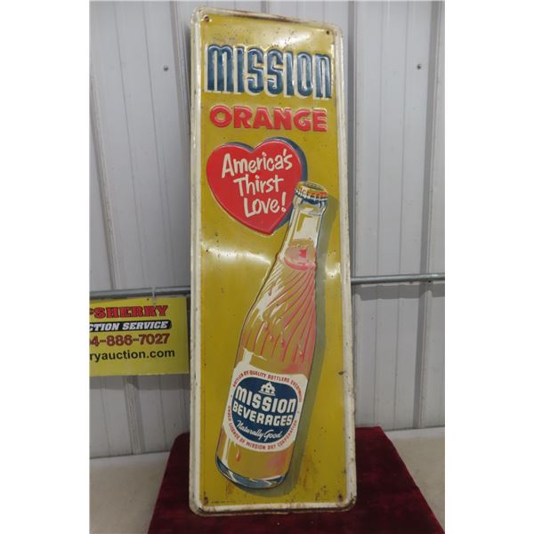 Mission Orange Metal Tin Embossed Vertical Sign 1960s 15 