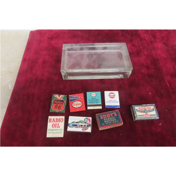 Eight Vintage Matches Service Station Advertising w/ Glass Display Case