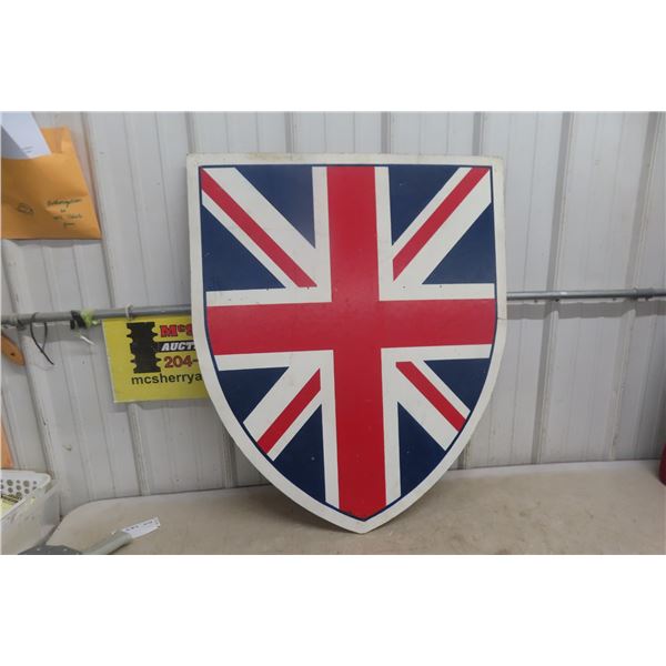 Vintage Union Jack Shield Masonite Sign, Measuring 30" x 36"
