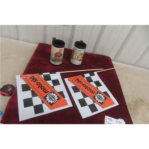 Two Moto-Ski Race Lane Flags and Two Snowmobile Cups