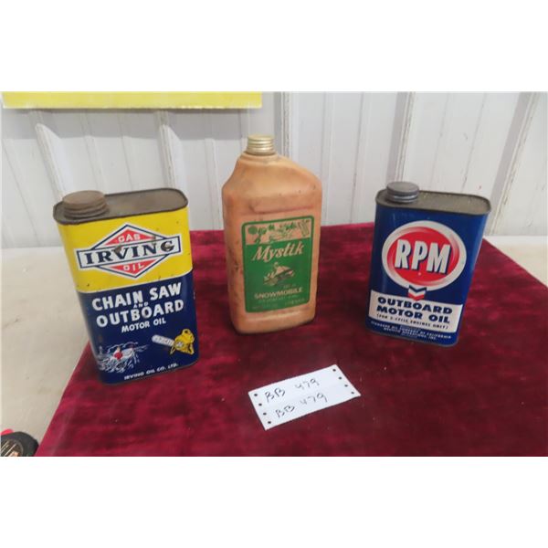 Three Outboard and Snowmobile Oil Cans Including Irving, Mystik and RPM