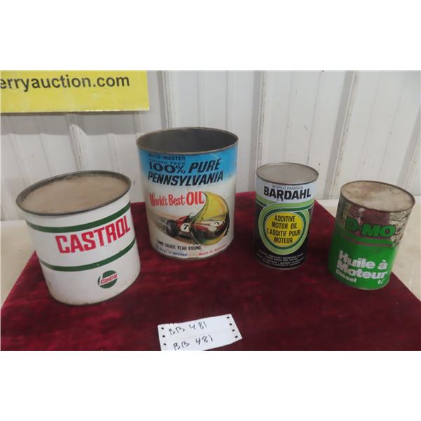 4 Vintage Cans - 5LB Castrol Grease, Bardahl Motor Oil Additive, Coop D-MO, Moto Master Oil