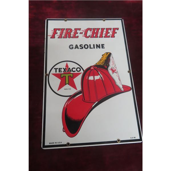 Texaco Fire Chief Porcelain Sign, 12" x 18", Dated 1990