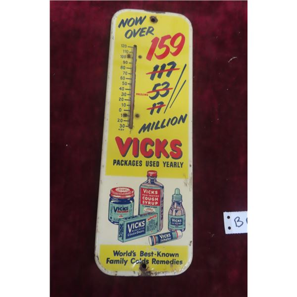 Vicks Metal Advertising Thermometer With Bulb, 1950s, 4 1/2" x 13 1/2"