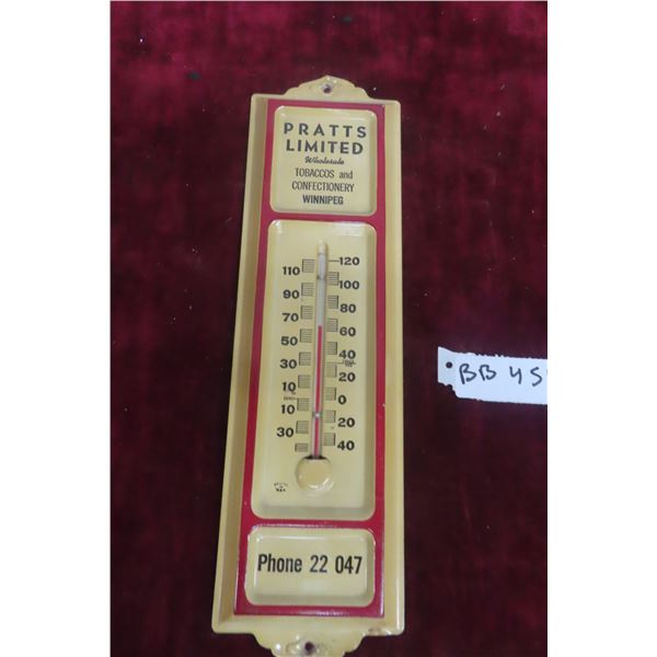 Pratts Limited Vintage Metal Advertising Thermometer With Bulb and Early Phone Number, 13" x 4"