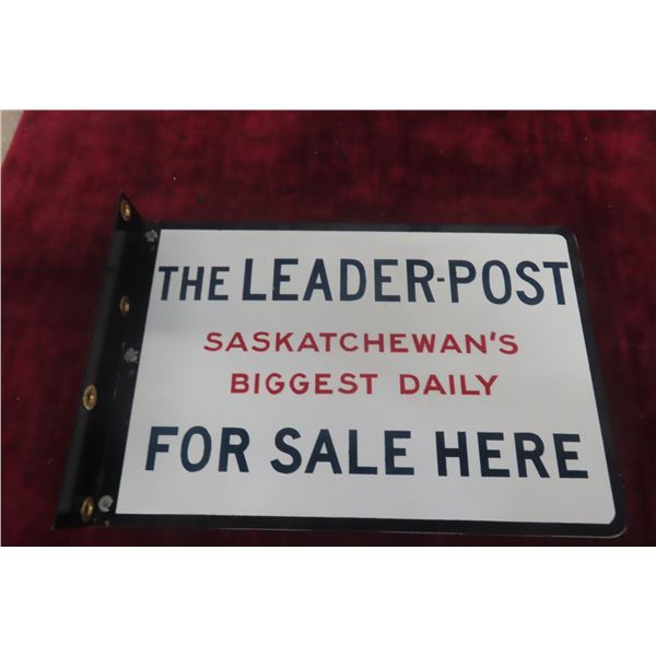 Vintage The Leader Post Porcelain Double Sided Flange Sign, 8" x 12"