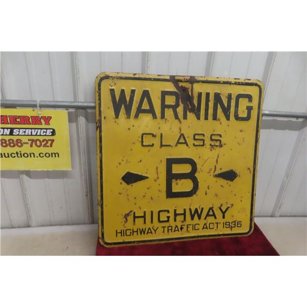 Class B Highway Embossed Metal Traffic Sign, Dated 1936, 24" x 24"