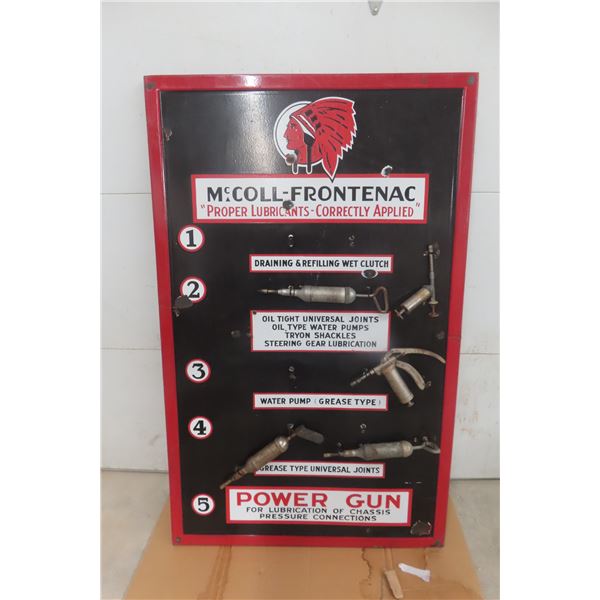 1920s McColl Frontenac Porcelain Grease Gun Rack Sign, Single Sided, 40" x 64"