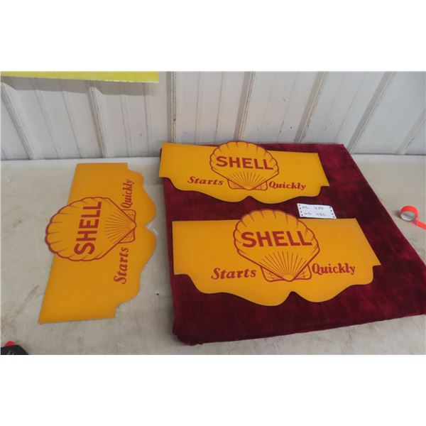 Three Vintage Shell Double Sided Cardboard Advertising Signs, 18" x 21"