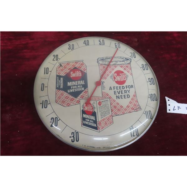 Swift’s Livestock Feeds Thermometer, Glass Lens, 12" Diameter, 1950s–1960s