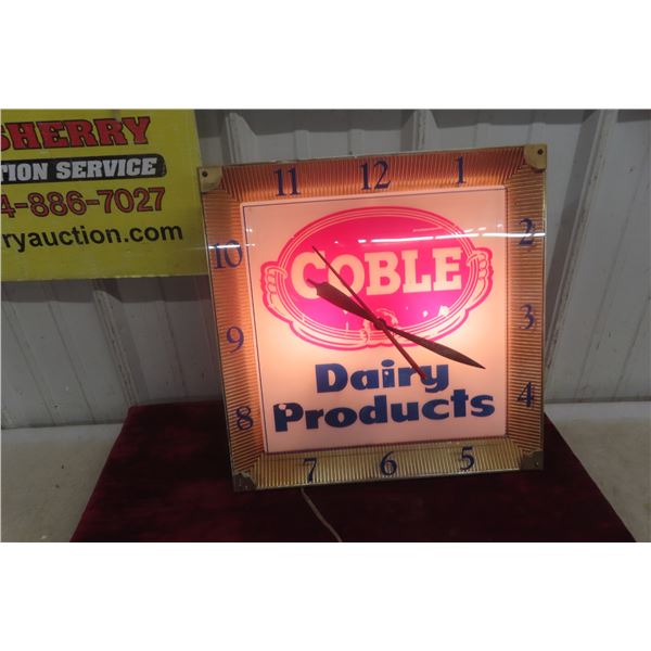 Coble Dairy Products Light-Up Clock, Working, Glass Lens, 15" x 15", 1950s