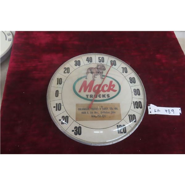 Mack Trucks Original Thermometer by Pam Clock Company, Glass Lens, 12" Diameter, 1950s–1960s