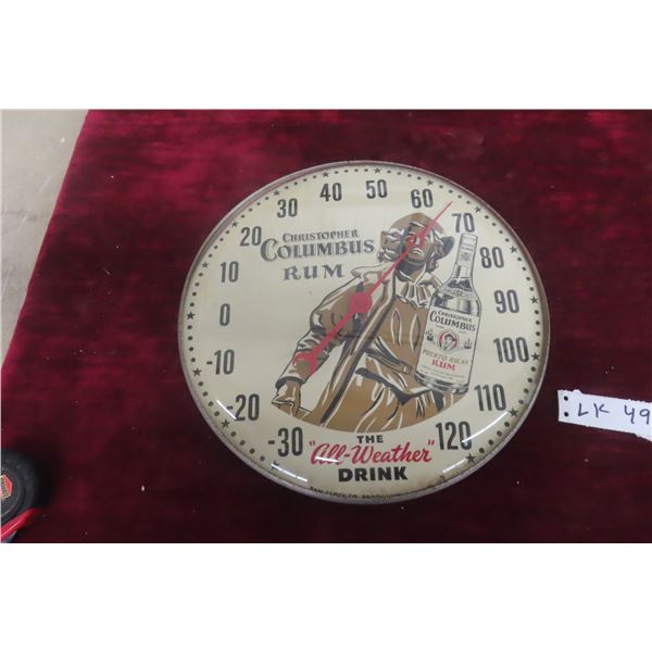 Christopher Columbus Rum Thermometer by Pam Clock Company, Glass Lens, 12" Diameter, 1950s–1960s