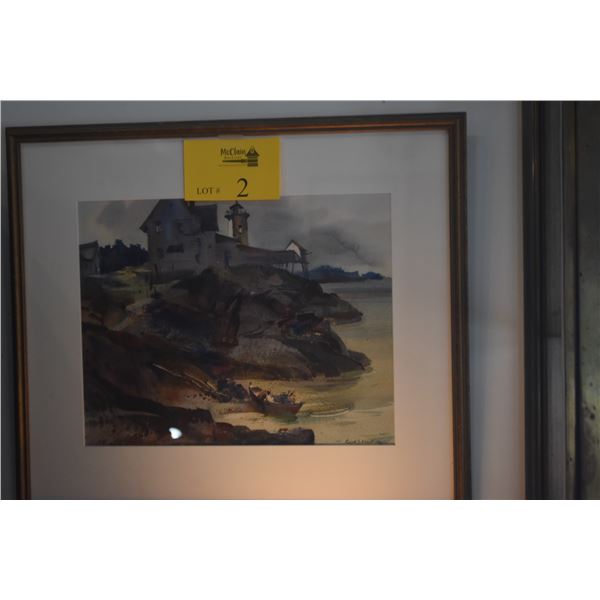 FRAMED WATERCOLOR, NEW ENGLAND LIGHTHOUSE; SIGNED ROBERT E. WOOD (20" X 17 1/2")