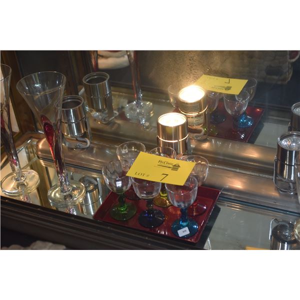 ROMANIAN CHAMPAGNE FLUTES, TWISTED STEMMED GLASSES W/TRAY & STEMMED CHAMPAGNE GLASSES (12 PCS)