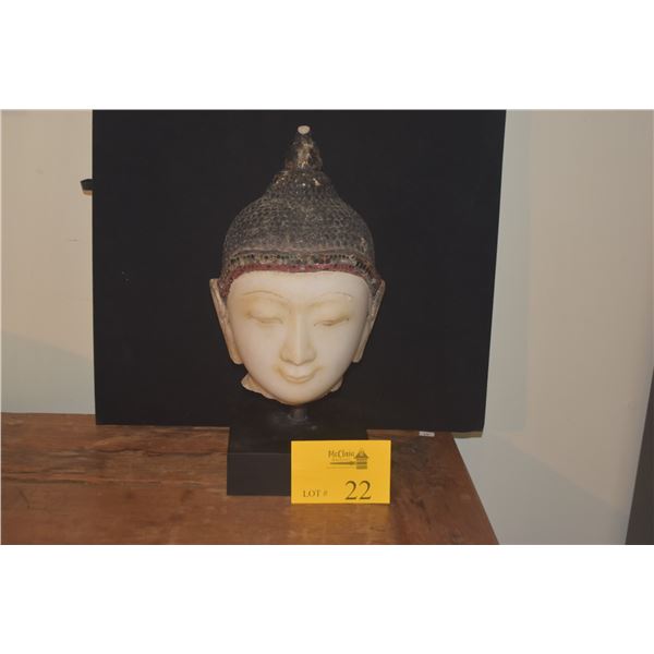 ANTIQUE MARBLE HEAD ON STAND, BEAUTIFUL FACE, BURMA (15 1/4")