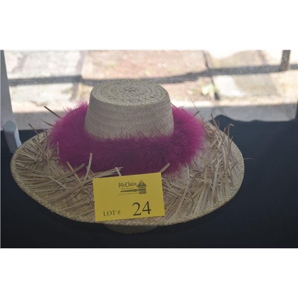 WOVEN HAT W/MAGENTA FEATHER LEI (APPROX 21" DIA INSIDE) (DOES NOT INCLUDE STAND)