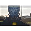 Image 1 : 17" BLUE & WHITE PORCELAIN FISH BOWL ON WOOD STAND (21 1/2" W/STAND)