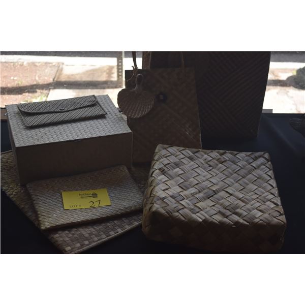 WOVEN LAUHALA /COCONUT FRONDS PURSES, PORTFOLIO, BOXES, ETC. (7 PCS)