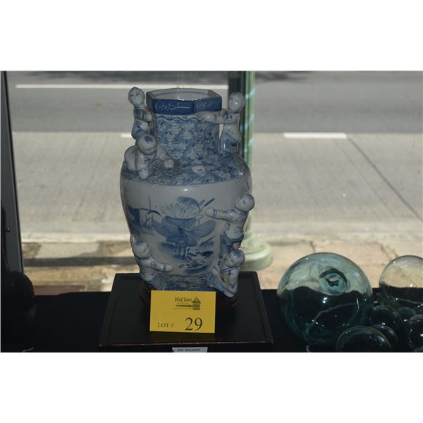 13 1/3" CHINESE BLUE & WHITE FERTILITY VASE (DOES NOT INCLUDE STANDS & FLOWERS)