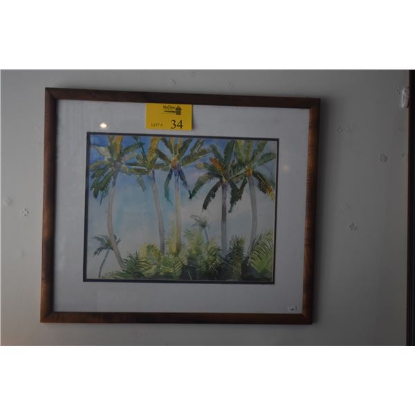 KOA FRAMED WATERCOLOR, PALM TREES; SIGNED R. LYON 1992 (25 1/2" X 21 1/2")