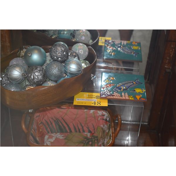 MIXED LOT: MONKEYPOD LEAF BOWL W/ORNAMENTS, FISH HOT PLATE & BASKET