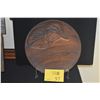 Image 1 : ANTHURIUM CARVED PLATE; SIGNED SORENSEN HONOLULU (CRACKED) (DOES NOT INCLUDE STAND)