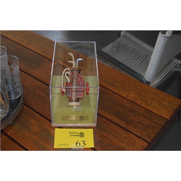 MINIATURE HAND-MADE WOODEN GOLF CART W/BAG & CLUBS IN SHOWCASE