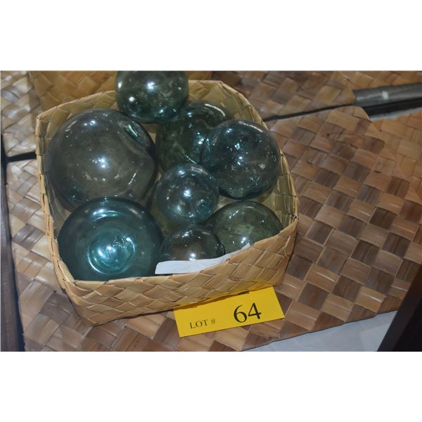 COLLECTION OF GLASS FISHING FLOATS (9 PCS) (DOES NOT INCLUDE BASKET)