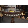 Image 9 : ANTIQUE PARLOR/TEA TABLE W/GLASS TOP, CARVED WOODEN BASE & INSET PORCELAIN PLAQUES