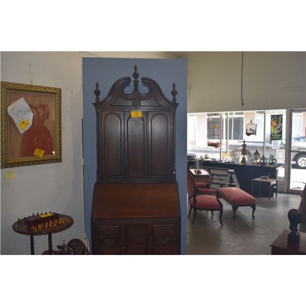 DROP FRONT SECRETARY W/STORAGE SHELVES, 16 DRAWER & HIDDEN COMPARTMENTS