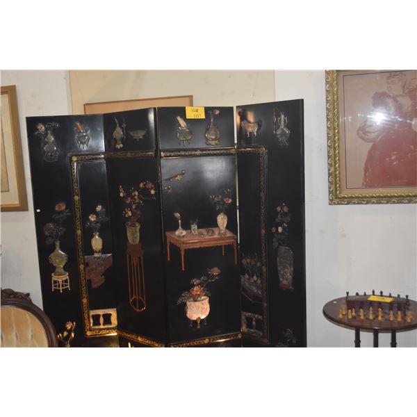 4 PANEL CHINESE LACQUERED COROMANDEL FOLDING SCREEN W/APPLIQUED SIMI-PRECIOUS STONES, 100 ANTIQUE PA