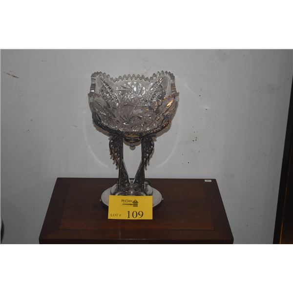 ANTIQUE VICTORIAN ERA COMPOTE W/CUT CRYSTAL SUNBURST PATTERN BOWL ON ORNATE ART NOUVEAU WHITE METAL 