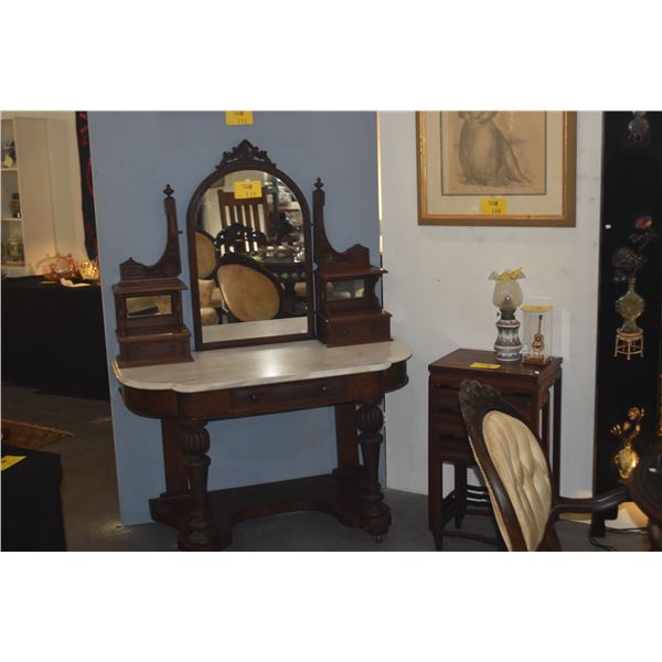 VICTORIAN MARBLE TOP DRESSING TABLE W/MIRROR & DRAWERS