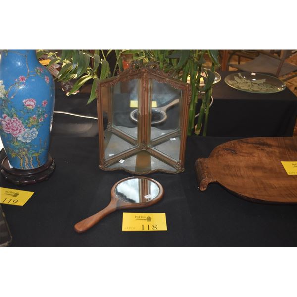 KOA HAND HELD MIRROR & VICTORIAN GILT WOOD CORNER SHELF MIRROR (2 PCS)