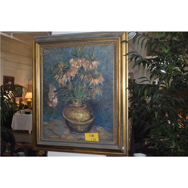 FRAMED VINCENT VAN GOGH REPRODUCTION OF "IMPERIAL FRITILLARIES IN COPPER VASE" (32" X 38")