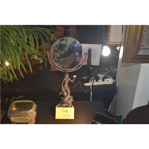 BRONZED MERMAID & DOLPHIN TABLE MIRROR ON SHELL & MARBLE BASE (18 1/4")