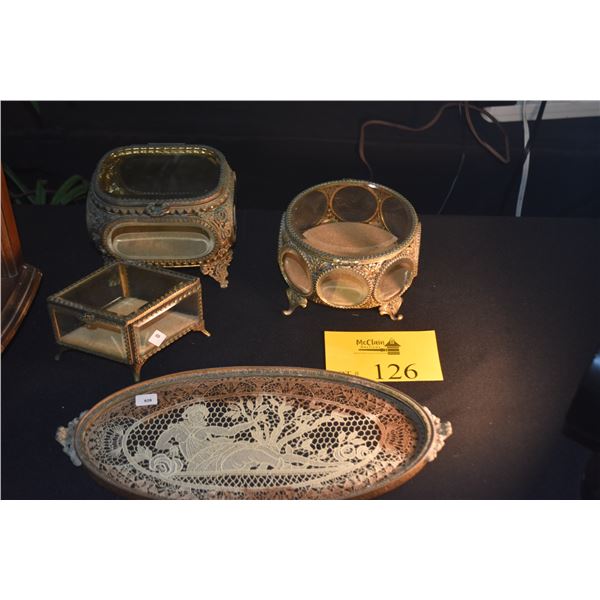 BEVELED GLASS JEWELRY DISPLAY BOXES & FRAMED LACE VANITY TRAY (4 PCS)