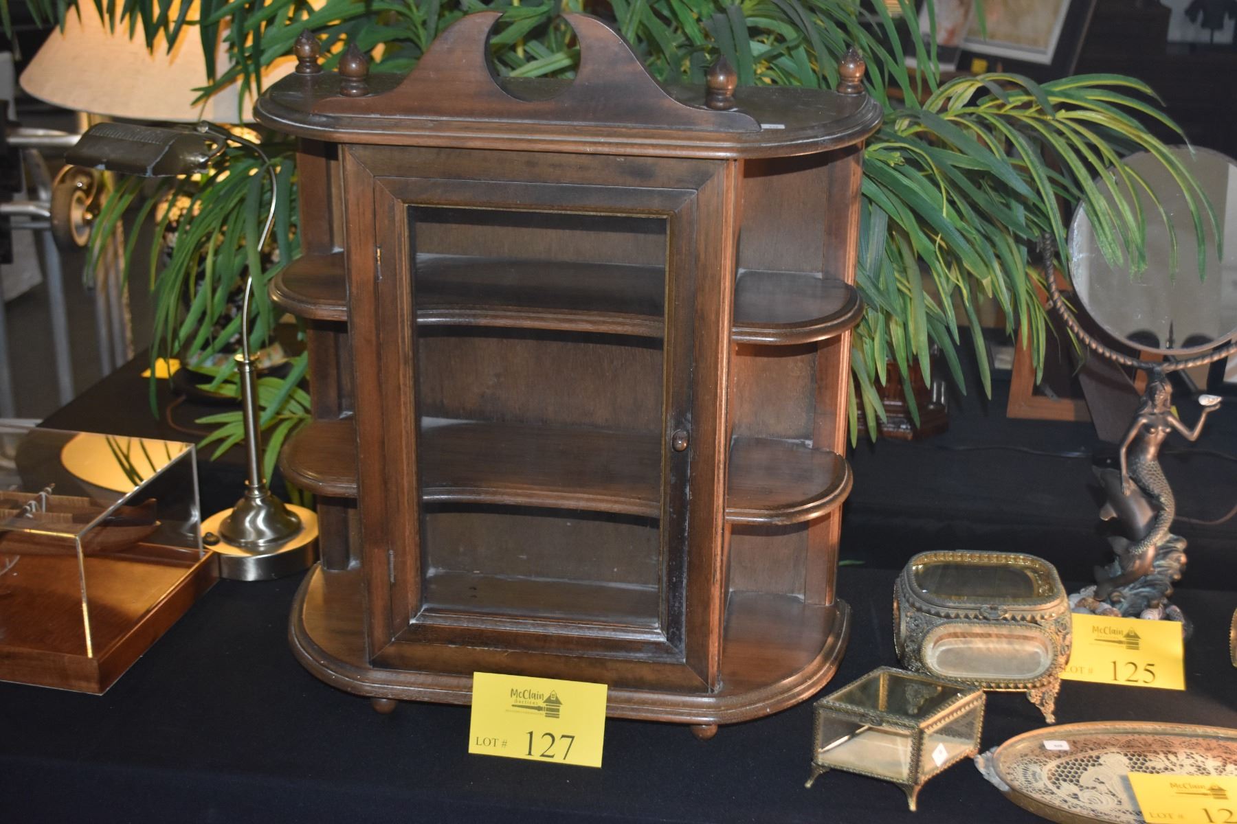 VINTAGE WOODEN CURIO CABINET W/GLASS DOOR & SHELVES - McClain Auctions