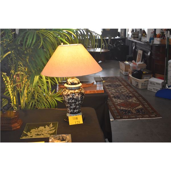 CHINESE FAMILLE NOIRE PORCELAIN GINGER JAR LAMP W/PLUM FLOWER MOTIF (25") (DOES NOT INCLUDE SHADE)