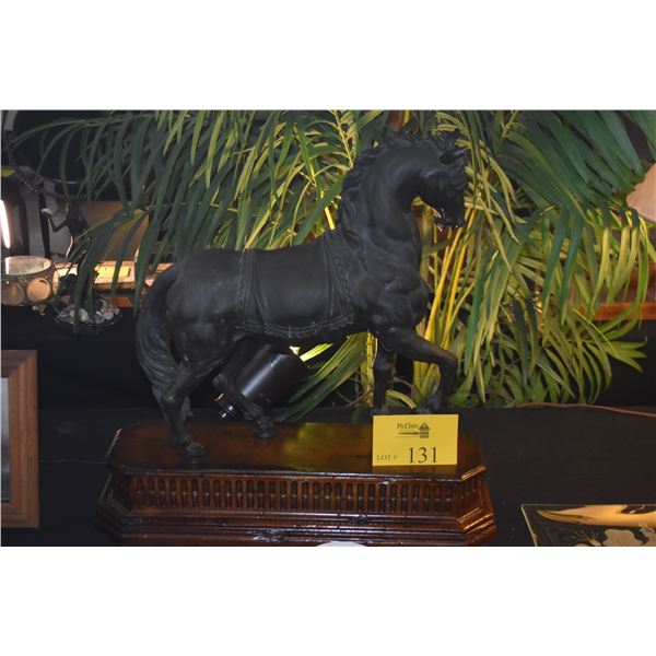 VINTAGE TROTTING BRONZE HORSE SCULPTURE ON WOOD STAND (21" X 20")