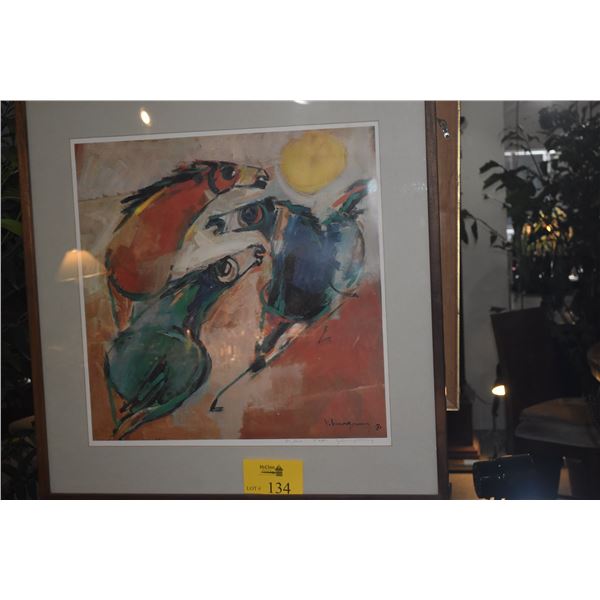 KOA FRAMED JOHN YOUNG PRINT, HORSES; SIGNED (30 1/2" X 31")