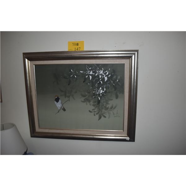FRAMED ORIGINAL OIL PAINTING ON SILK, SMALL BIRD ON BRANCH W/WHITE FOLIAGE; SIGNED DAVID LEE (30 1/2
