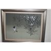 Image 2 : FRAMED ORIGINAL OIL PAINTING ON SILK, SMALL BIRD ON BRANCH W/WHITE FOLIAGE; SIGNED DAVID LEE (30 1/2